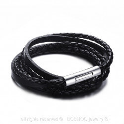 BR0110 BOBIJOO Jewelry Bracelet Real Black Leather Interlaced Stainless Steel