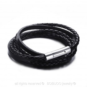 Bracelet Vrai Cuir Noir Entrelacé Acier Inoxydable bobijoo