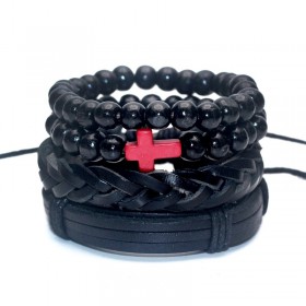 BR0121 BOBIJOO Jewelry Set of 4 Bracelets Black Red Cross