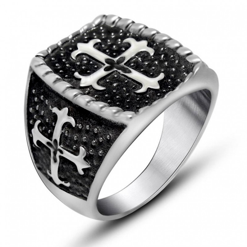 BA0127 BOBIJOO Jewelry Signet ring Man of Steel Black Cross of Lilies