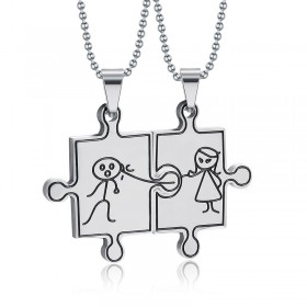 PE0030 BOBIJOO Jewelry Doppelte Halskette Anhänger Paar Silber Puzzle Humor