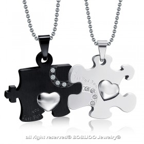 Double Collier Pendentif Couple Just For You Noir Strass bobijoo