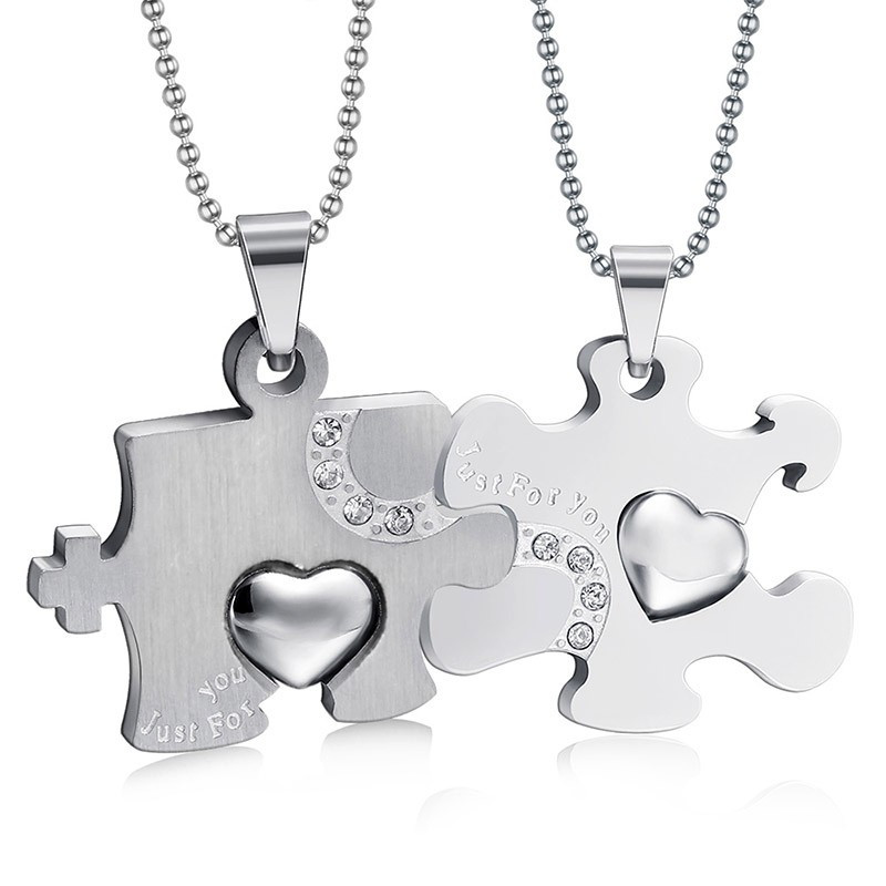 PE0032 BOBIJOO Jewelry Collare Doppio Ciondolo Collana Paio Di Puzzle In Argento, Acciaio