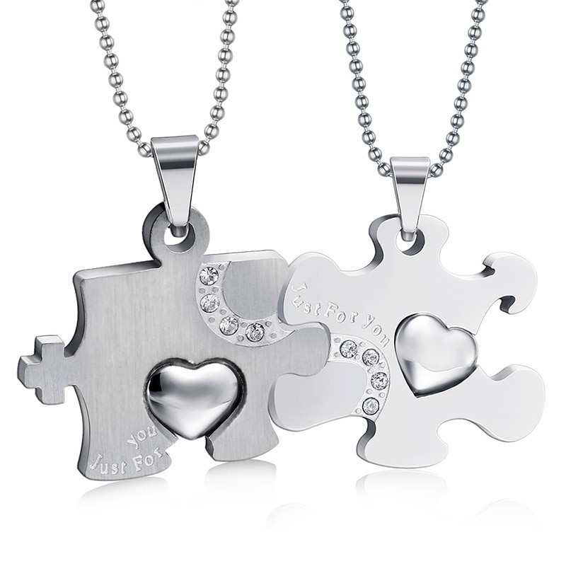 PE0032 BOBIJOO Jewelry Double Collar Pendant Necklace Couple Puzzle Silver Steel