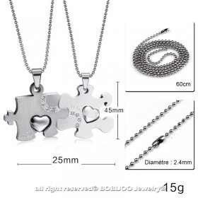 PE0032 BOBIJOO Jewelry Doppelte Halskette Anhänger Paar Puzzle Silber Edelstahl