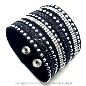 Black Leather Crystal Rhinestone Wrap Bracelet