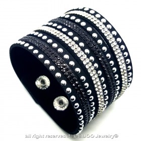 Pulsera cruzada de cuero negro con diamantes de imitación y cristales