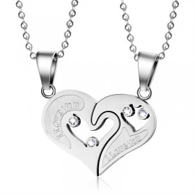 PE0053 BOBIJOO Jewelry Halskette Anhänger Paar Herzen Trennen I Love You Edelstahl Silber