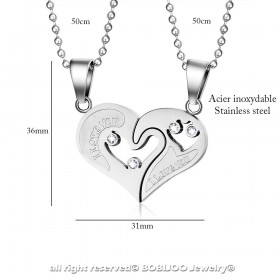 PE0053 BOBIJOO Jewelry Necklace Pendant Couple Heart Split I Love You Steel, Silver