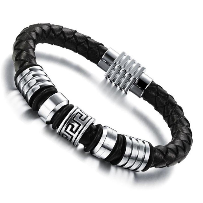 BR0153 BOBIJOO Jewelry Bracelet Braided Leather Charms stainless Steel Man 20.5 cm