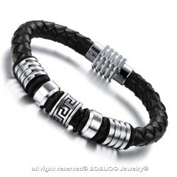 Bracelet Cuir Tressé Charms Acier Homme 20.5cm bobijoo