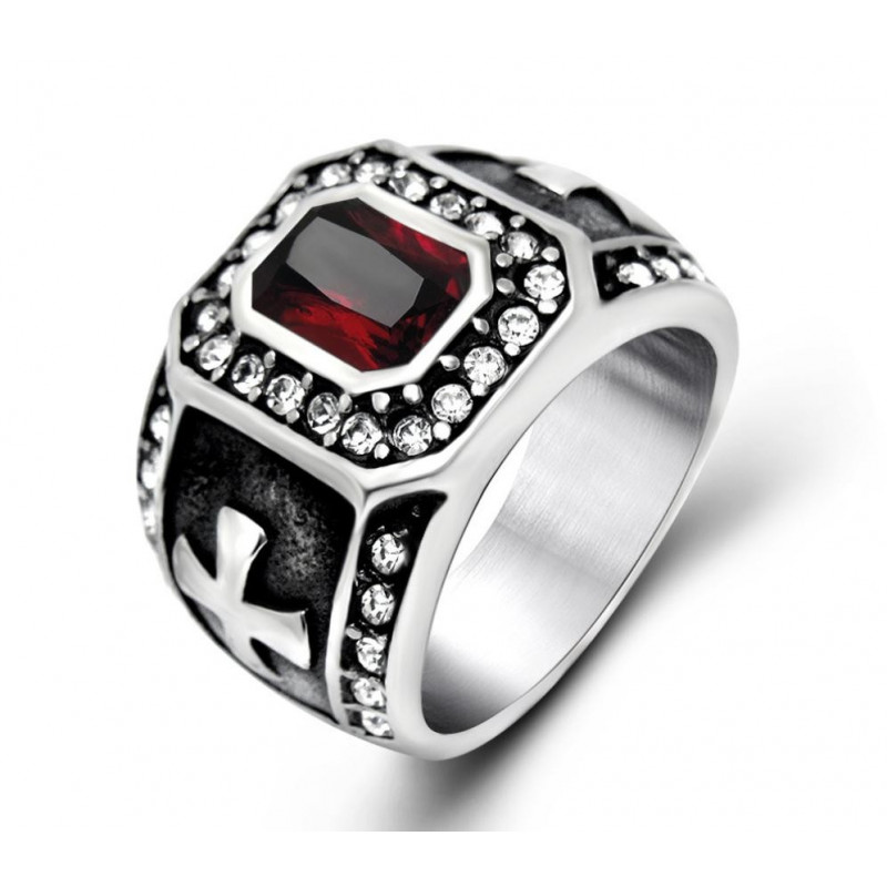 BA0143 BOBIJOO Jewelry Signet Ring Templar Cross Red Stone Rhinestone