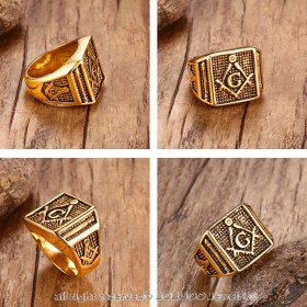 BA0146 BOBIJOO Jewelry Signet Ring Freemasonry Columns, Gilded Gold Finish G