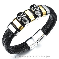 BR0159 BOBIJOO Jewelry Armband Biker Leder totenkopf-Stahl-Silber Vergoldet