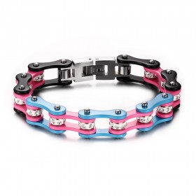 BR0170 BOBIJOO Jewelry Bracciale In Sistema Misto Acciaio-Catena Moto Moto Rosa Blu Nero Strass