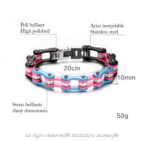 BR0170 BOBIJOO Jewelry Bracciale In Sistema Misto Acciaio-Catena Moto Moto Rosa Blu Nero Strass