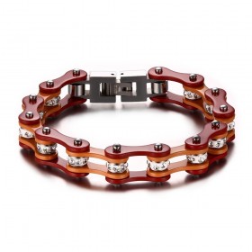 BR0172 BOBIJOO Jewelry Bracciale In Sistema Misto Acciaio-Catena Bici Moto, Arancione, Rosso Strass