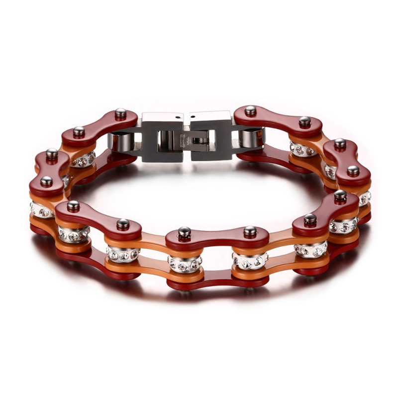 Bracelet Mixte Acier Chaîne Vélo Moto Orange Rouge Strass bobijoo