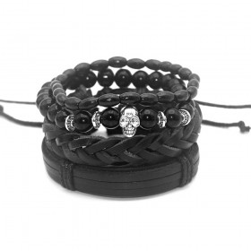Ensemble de 4 Bracelets Noirs Cuir Pierre Bois Tête de Mort bobijoo