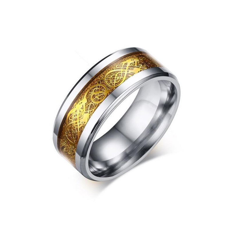 BA0175 BOBIJOO Jewelry Ring-Alliance-Ring Stahl Silber Mit Goldenem Drachen, Glänzend