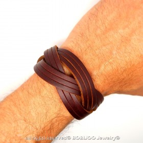 BR0197 BOBIJOO Jewelry Bracelet Unisex Brown Leather Braided Strips 3.4 cm