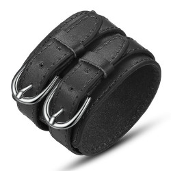 Bracelet Manchette Cuir Unisexe Large Double Ceinture Noir bobijoo