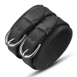 BR0203 BOBIJOO Jewelry Cuff Bracelet Leather Unisex Large Double Belt Black
