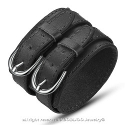 Bracelet Manchette Cuir Unisexe Large Double Ceinture Noir bobijoo