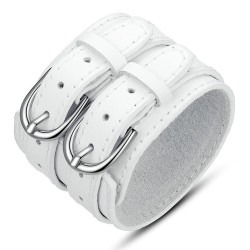 Bracelet Manchette Cuir Unisexe Large Double Ceinture Blanc bobijoo