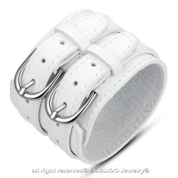 Bracelet Manchette Cuir Unisexe Large Double Ceinture Blanc bobijoo