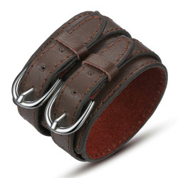 Bracelet Manchette Cuir Unisexe Large Double Ceinture Marron bobijoo