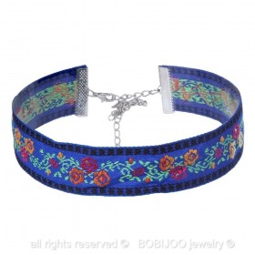 COF0020B BOBIJOO Jewelry Collo rotondo Fiore in Tessuto Blu, Boemia