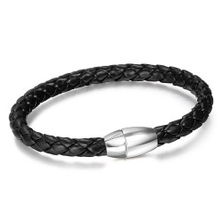 Bracelet Homme Cuir Véritable Noir Torsadé Acier bobijoo