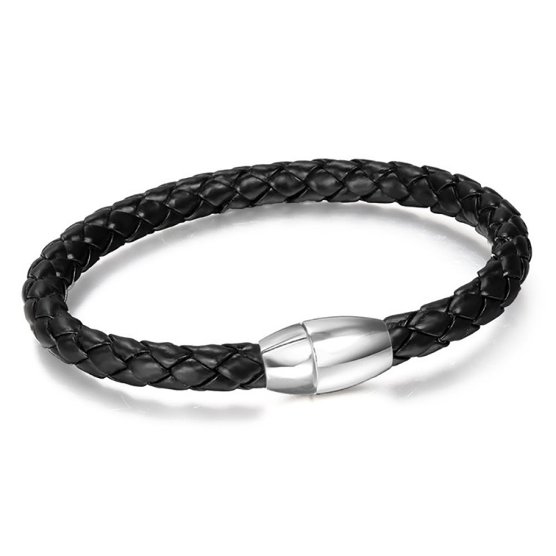 Bracelet Homme Cuir Véritable Noir Torsadé Acier bobijoo