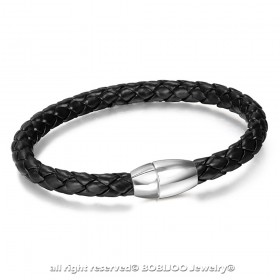 BR0226 BOBIJOO Jewelry Bracciale Uomo Vera Pelle Nero Acciaio Torto