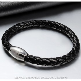 BR0226 BOBIJOO Jewelry Bracciale Uomo Vera Pelle Nero Acciaio Torto