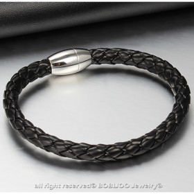 Bracelet Homme Cuir Véritable Noir Torsadé Acier bobijoo