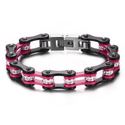 BR0225 BOBIJOO Jewelry Bracelet Mixed Steel Chain Bike Motorcycle Black Pink Rhinestones