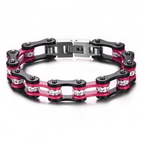 BR0225 BOBIJOO Jewelry Pulsera Mixta De Acero De La Cadena De La Bici De La Motocicleta Negro Strass Rosa