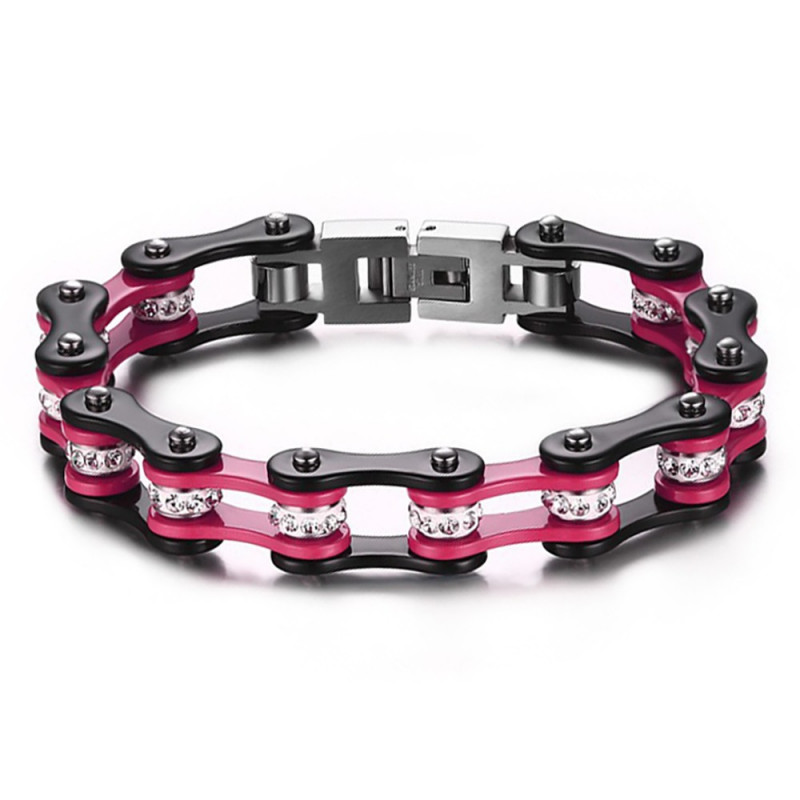 Bracelet Mixte Acier Chaîne Vélo Moto Noir Rose Strass bobijoo