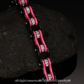 BR0225 BOBIJOO Jewelry Bracelet Mixed Steel Chain Bike Motorcycle Black Pink Rhinestones