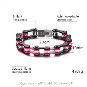 BR0225 BOBIJOO Jewelry Pulsera Mixta De Acero De La Cadena De La Bici De La Motocicleta Negro Strass Rosa