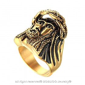 BA0190 BOBIJOO Jewelry Breit Ring Siegelring Edelstahl Vergoldet Jesus