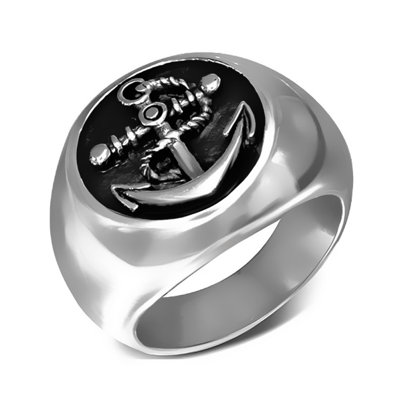 Bague Chevalière Ronde Acier Argenté Ancre Marine bobijoo