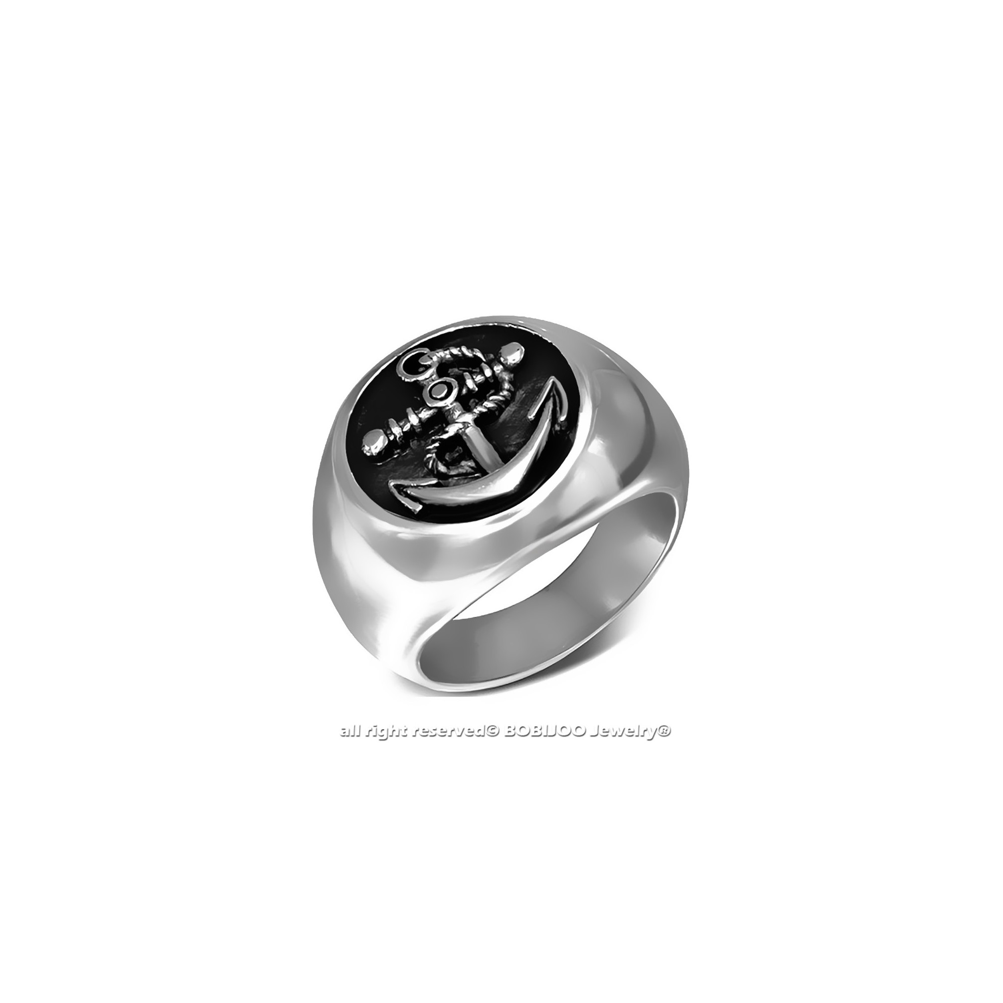 BOBIJOO Jewelry Bague Chevalière Ronde Acier Argenté Ancre