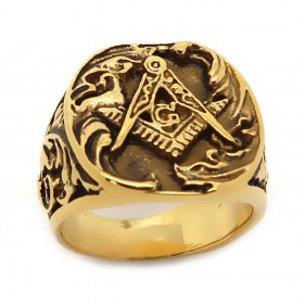 BA0193 BOBIJOO Jewelry Ring Signet Ring Vintage Stainless Steel Golden Gold Freemasonry