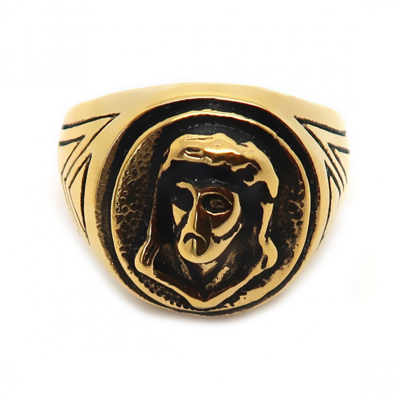 BA0194 BOBIJOO Jewelry Runder Ring Herren Stahl Gold Ende Schwarz-Kopf-Jesus Christus