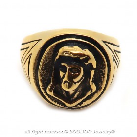 BA0194 BOBIJOO Jewelry Runder Ring Herren Stahl Gold Ende Schwarz-Kopf-Jesus Christus