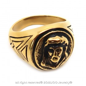 Bague Ronde Homme Acier Doré Or Fin Noir Tête Jesus Christ bobijoo