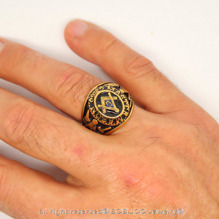 BA0019 BOBIJOO Jewelry Signet Ring Freemasonry Master Black Blue Steel